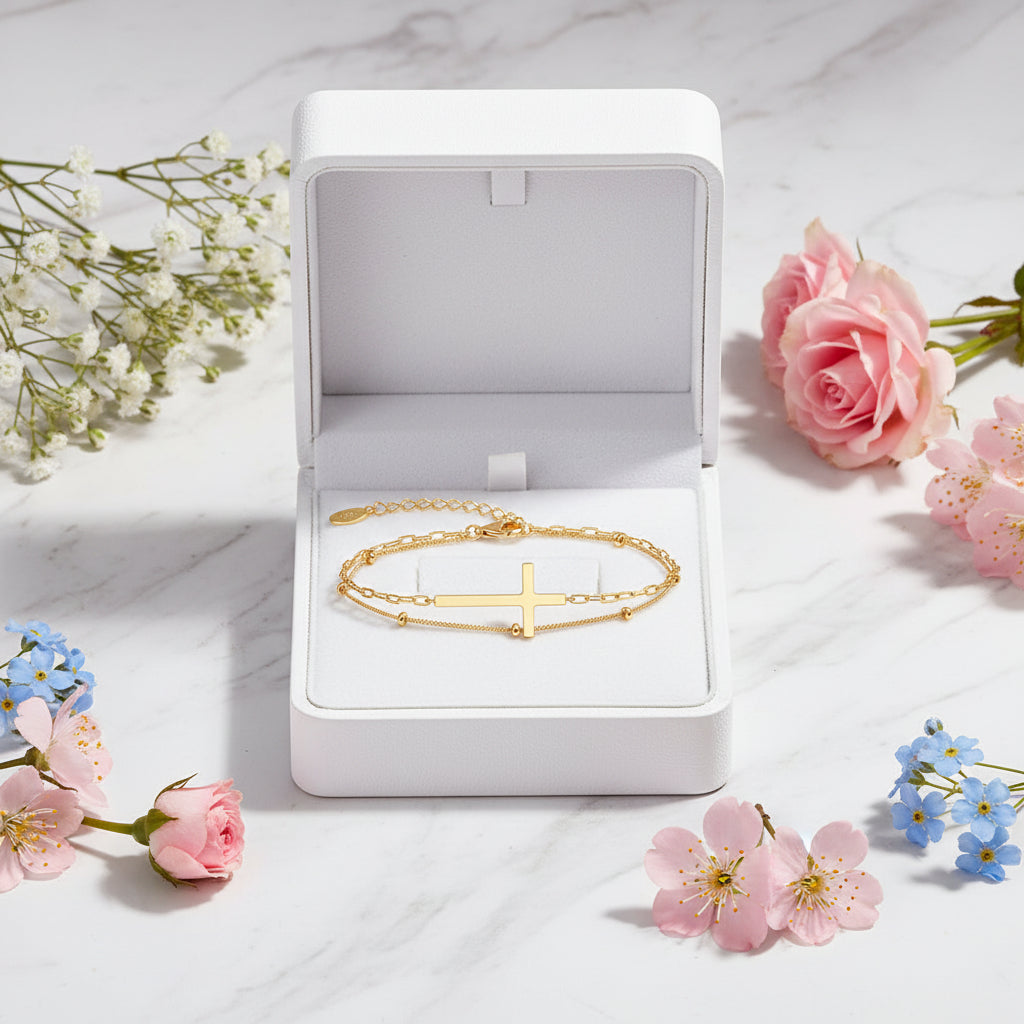 Double-Layer Christian Holy Cross Bracelet set in 18K Gold Plated 925 Sterling Silver