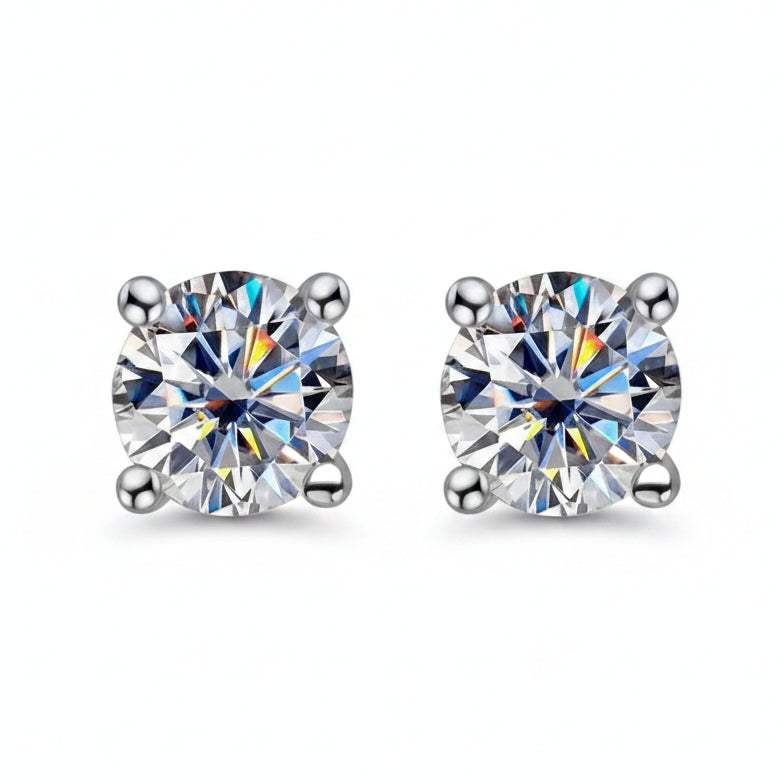 Classic Four-Claw 1 Carat Moissanite Diamond Earrings set in Platinum plated 925 Silver (GRA)