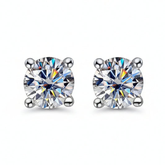 Classic Four-Claw 1 Carat Moissanite Diamond Earrings set in Platinum plated 925 Silver (GRA)