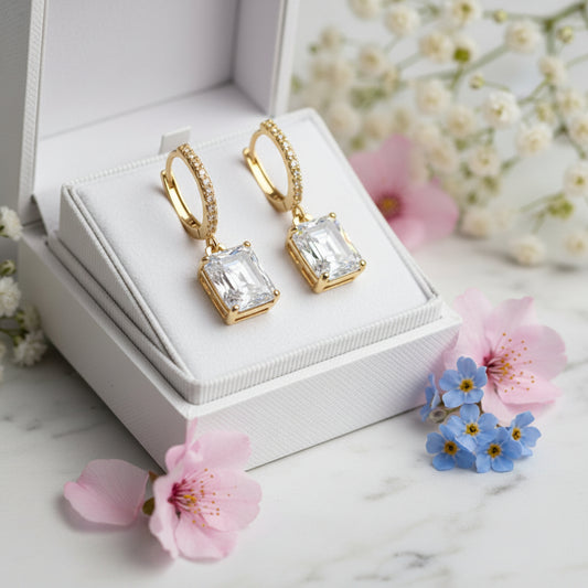 Italian Modern Lock Inlaid Design 2 Carat Natural Zircon Gemstone Earrings set in 18K White Gold Plated 925 Silver