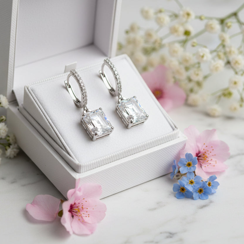 Modern Lock Inlaid 2 Carat Natural Zircon Gemstone Earrings set in 925 Sterling Silver
