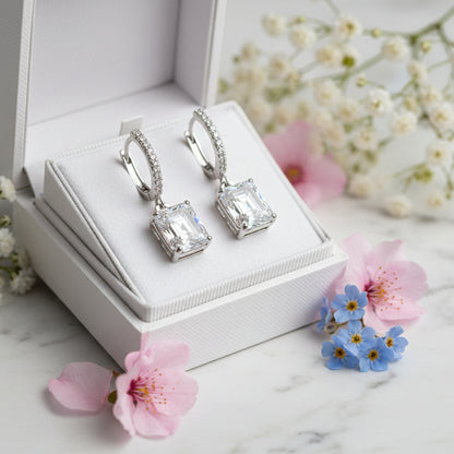 Italian Modern Lock Inlaid Design 2 Carat Natural Zircon Gemstone Earrings set in 18K White Gold Plated 925 Silver Capella Jewellery