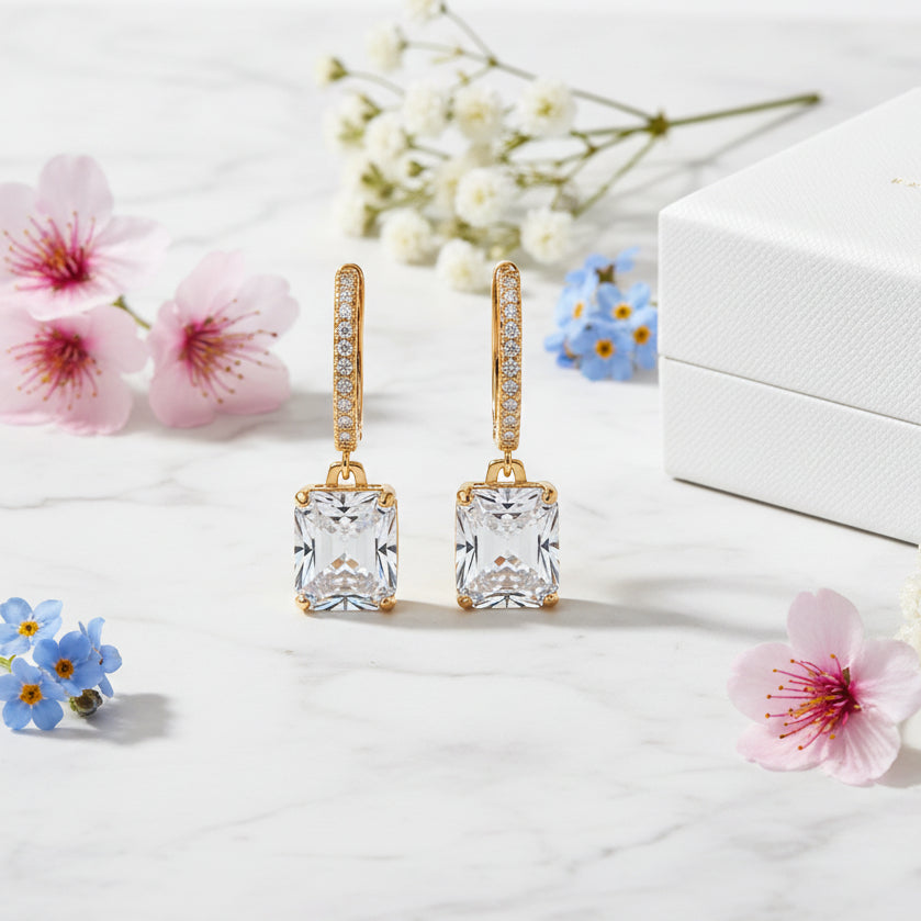 Modern Lock Inlaid 2 Carat Natural Zircon Gemstone Earrings set in 925 Sterling Silver