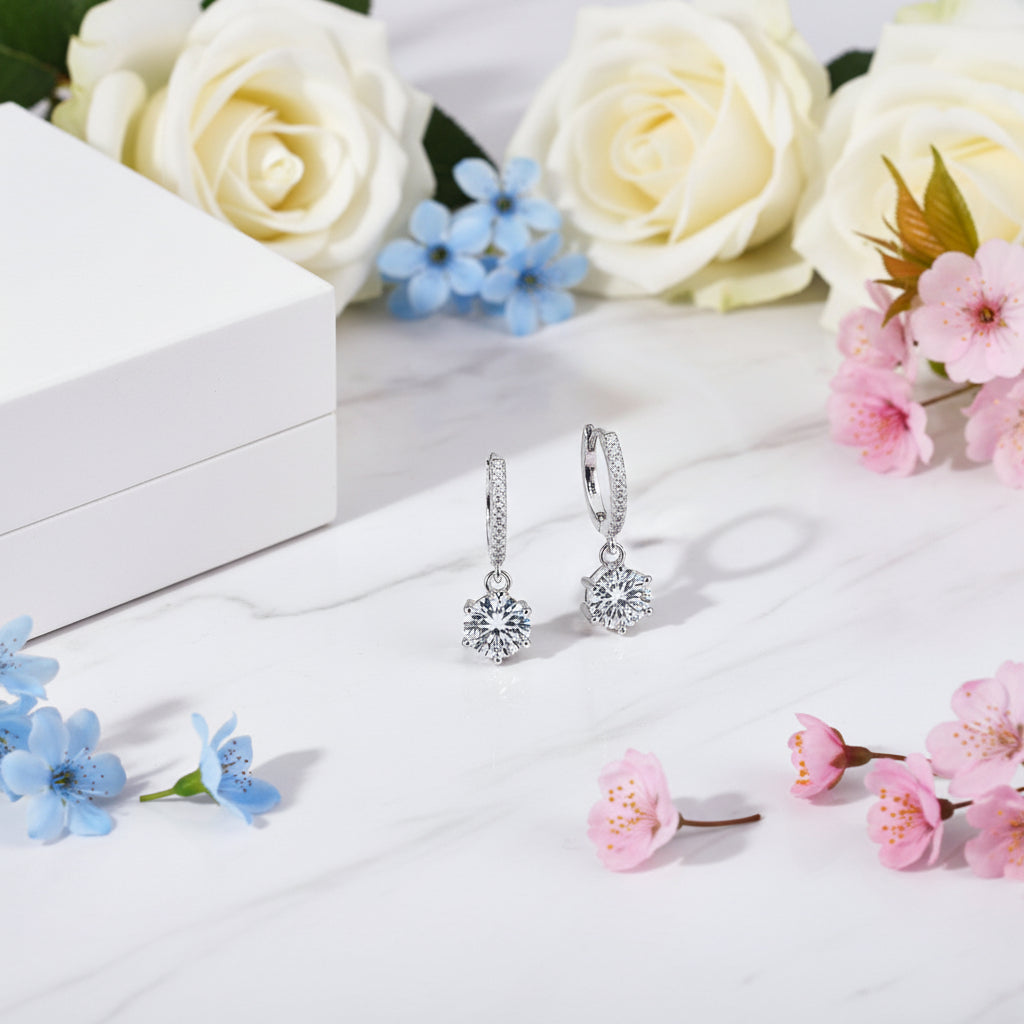 European Six Claw 2 Carat Moissanite Diamond Earrings set in Platinum Plated 925 Silver (GRA)