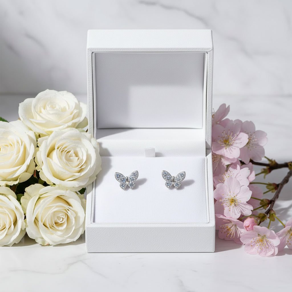 Mosaic Butterfly Micro Moissanite Diamond Earrings set in Platinum Plated 925 Silver (GRA)