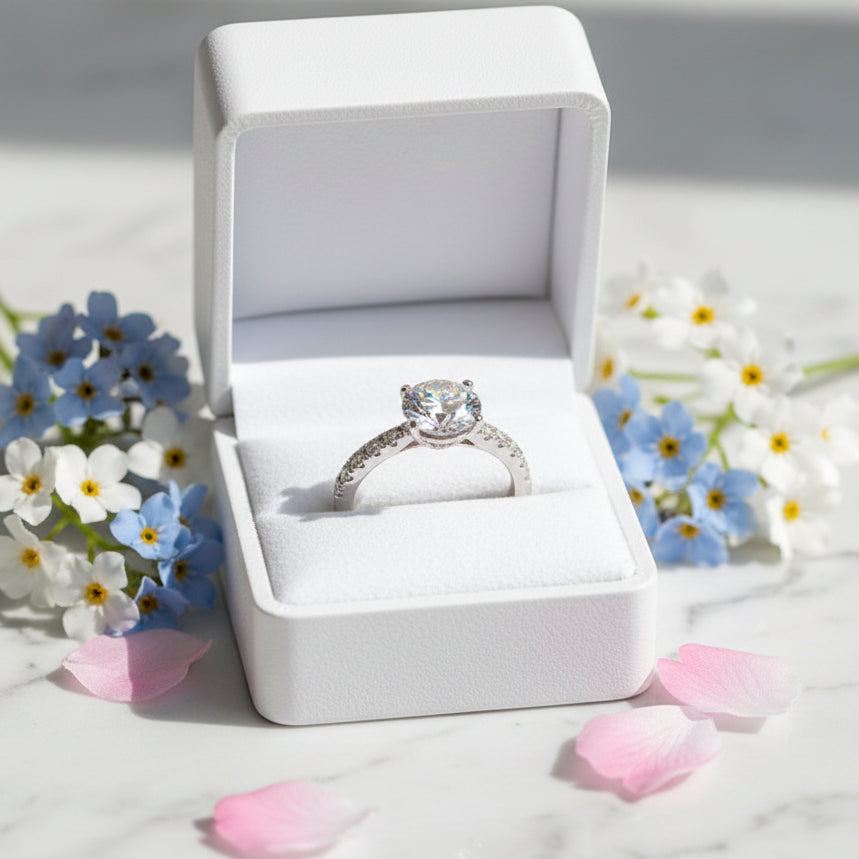 French Pavé Side Design 0.8 Carat Moissanite Diamond Ring set in 18K White Gold 925 Silver (GRA)