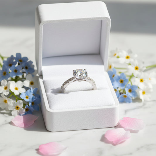 French Pavé Inlaid Sides Design Solitaire 0.8 Carat Moissanite Diamond Ring set in 18K White Gold 925 Silver (GRA)