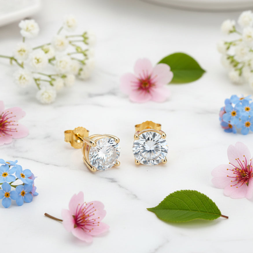 Classic Four-Claw 4 Carat Moissanite Diamond Earrings set in 18K Gold Plated 925 Silver (GRA)