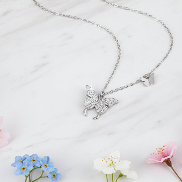 Twin Butterflies Design Micro Inlaid Moissanite Diamond Necklace set in 925 Sterling Silver
