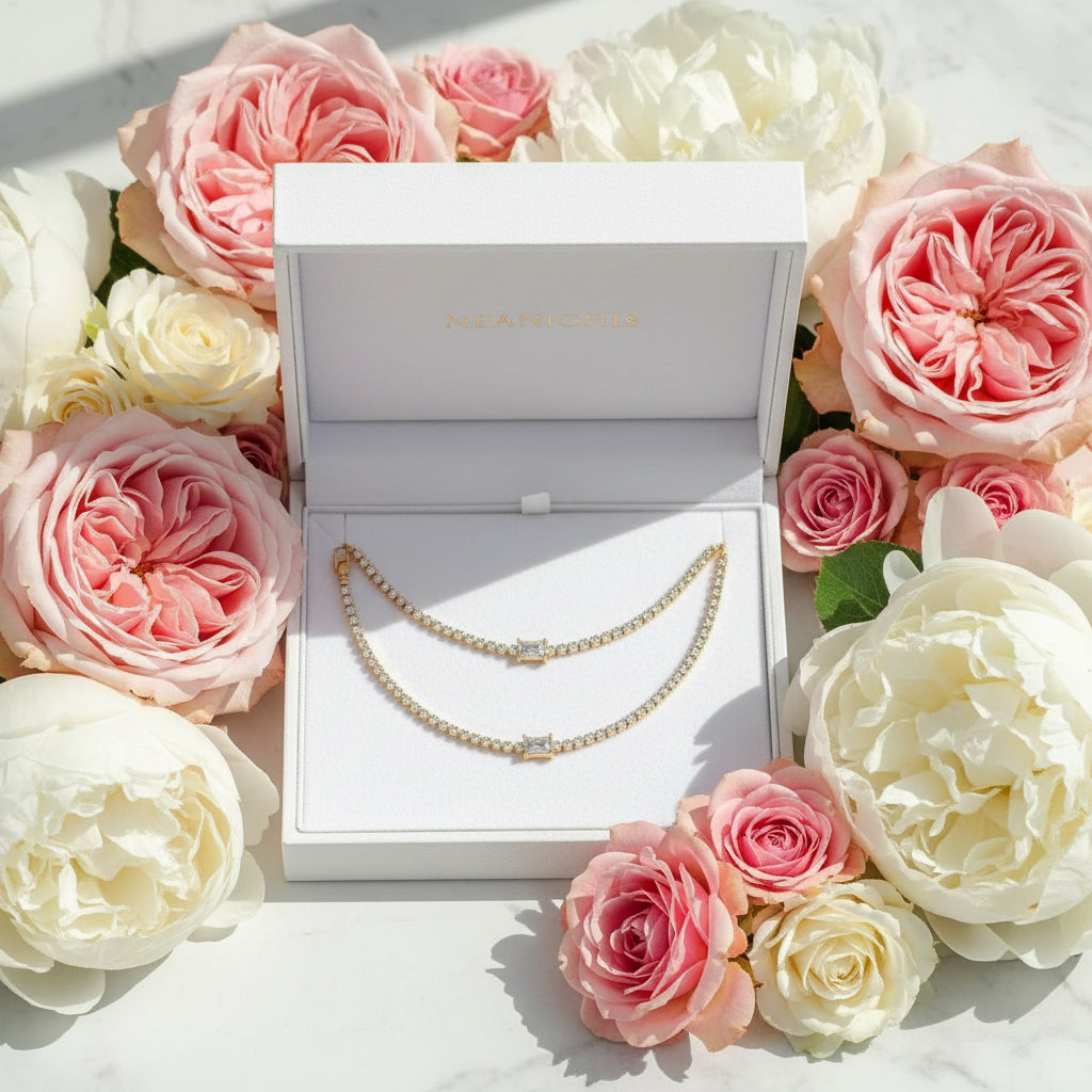 Square French Natural Zircon Gemstone Tennis Chain Bracelet/Necklace set in 18K Gold Plating Capella Jewellery