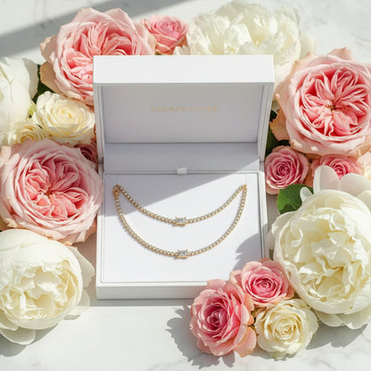 Square French Natural Zircon Gemstone Tennis Chain Bracelet/Necklace set in 18K Gold Plating Capella Jewellery