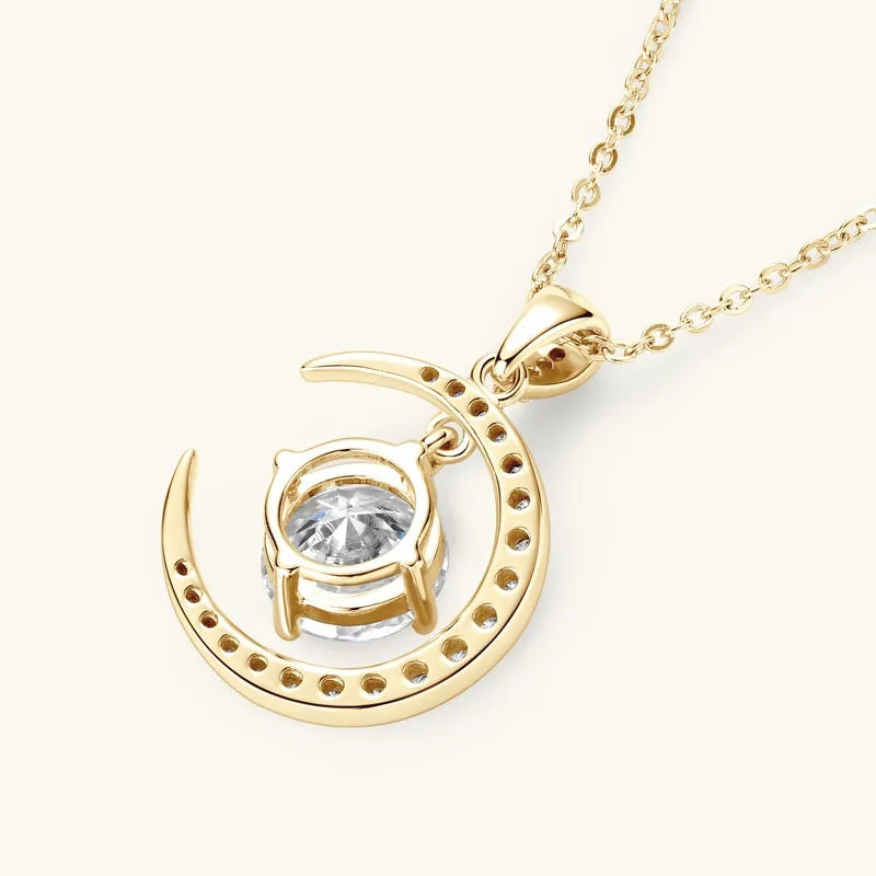 Crescent Moon & Star 2.3 Ct Moissanite Diamond Necklace set in 18K Gold Plated 925 Silver (GRA)
