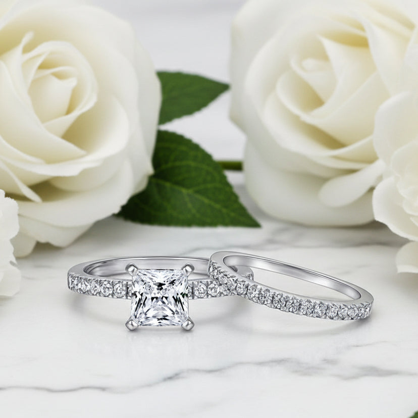 America Design Square 1.2 Carat Zircon Diamond Ring Set with 18K White Gold Plated S925 Silver