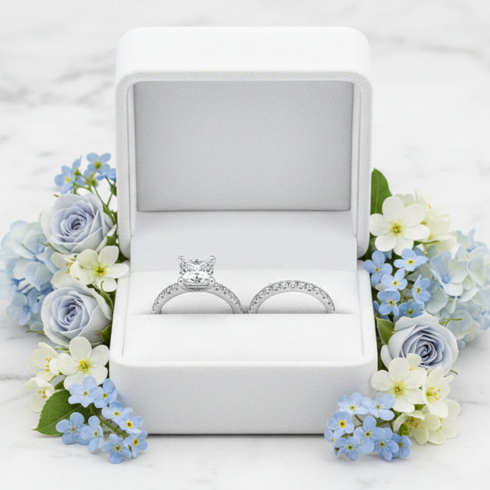 America Design Square 1.2 Carat Zircon Diamond Ring Set with 18K White Gold Plated S925 Silver
