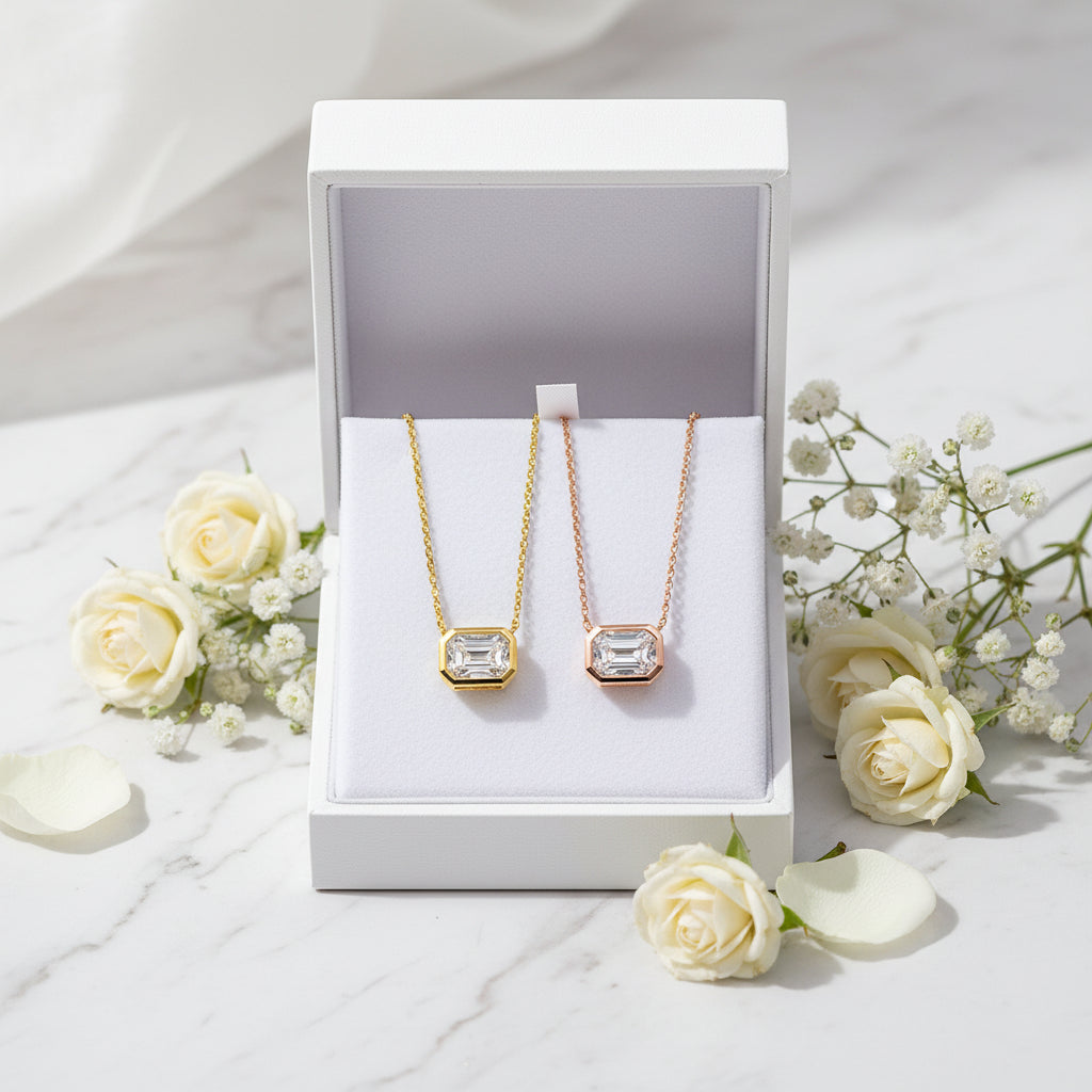 Princess Cut 1 Carat Moissanite Diamond Necklace & Earrings set in 18K White Gold 925 Silver