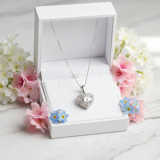 Mosaic French Heart 2 Carat Moissanite Diamond Pendant set in Platinum Plated 925 Silver (GRA)