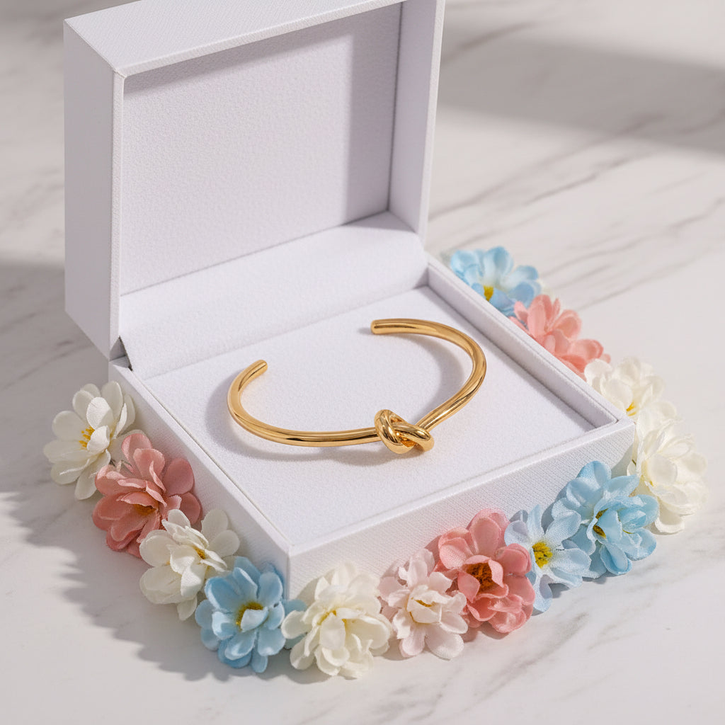 French Designed Louisa Knot Bangle Bracelet set in 18K Gold Plating