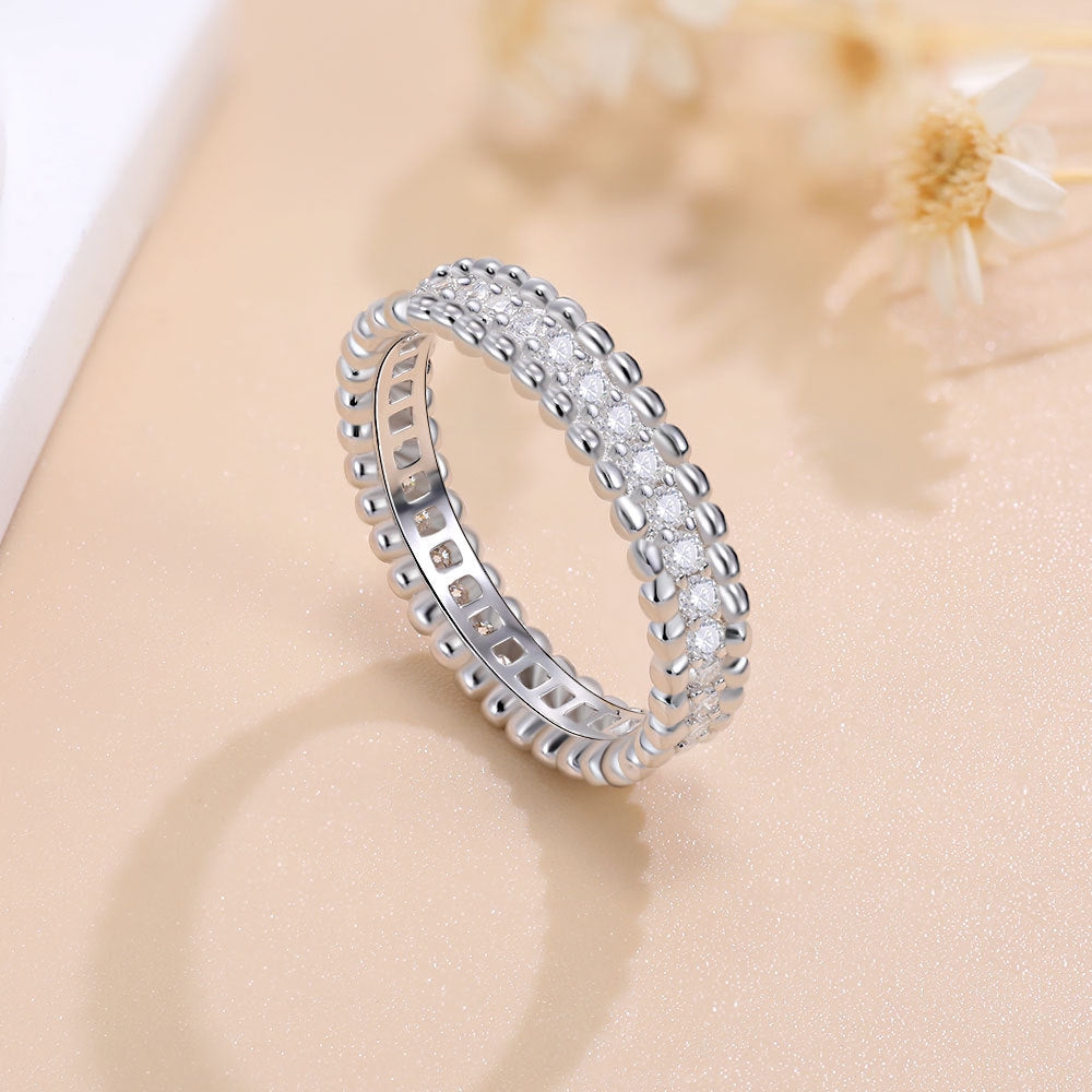 Italian Bead Edge Ring Pave 0.7 Carat Moissanite Diamond set in Platinum Plated 925 Silver (GRA)