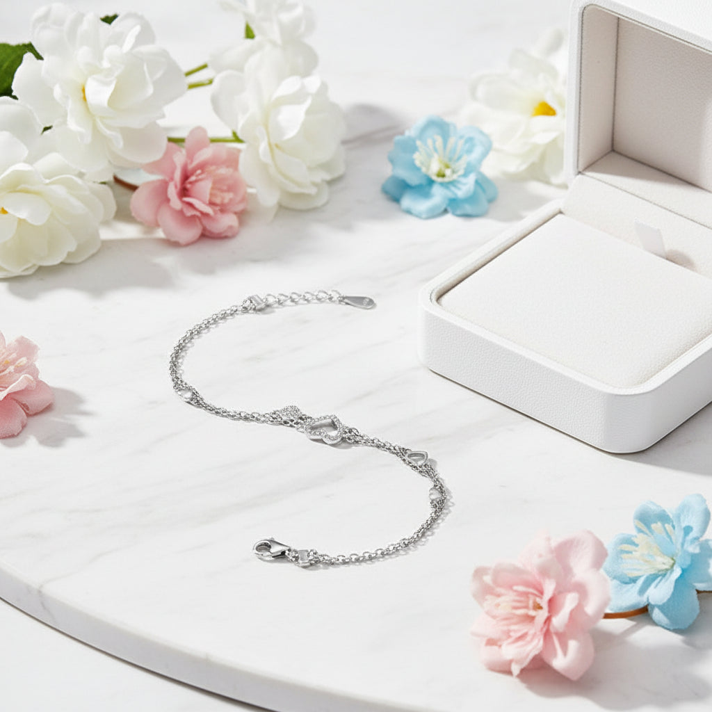 Silver Heart Micro Pavé Natural Zircon Gemstone Bracelet set in 925 Sterling Silver