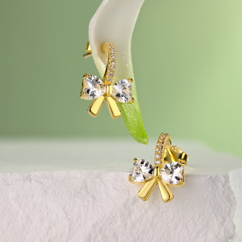 Bow Inspired Micro Inlaid Natural Zircon Gemstone Earrings set in Platinum Plated 925 Silver