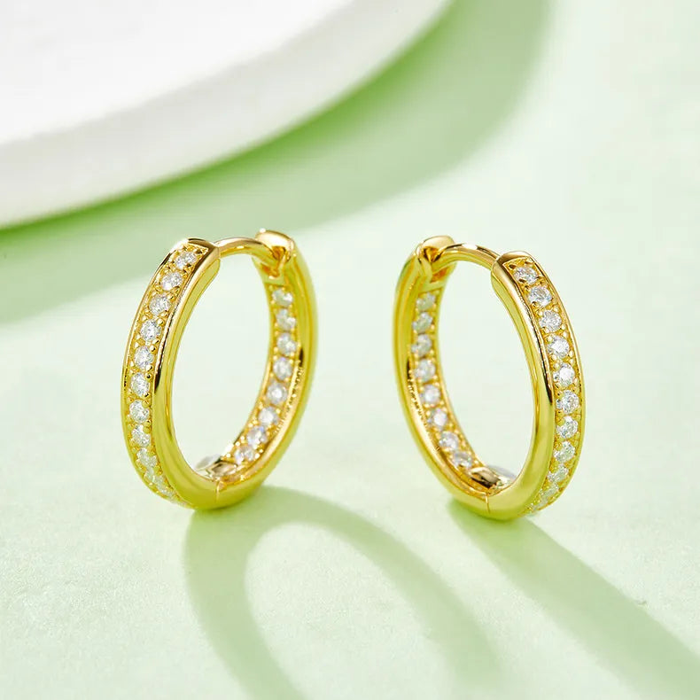 Linear Row European Inspired Hoop Micro Moissanite Earrings set in 18K Gold Plated 925 Silver Capella Reya gold close up 2