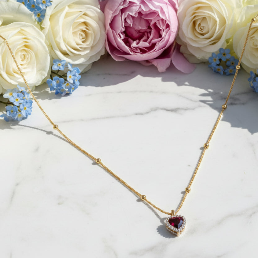 Red Heart Natural Zircon Pendant Necklace set in 18K Gold Plated 925 Sterling Silver