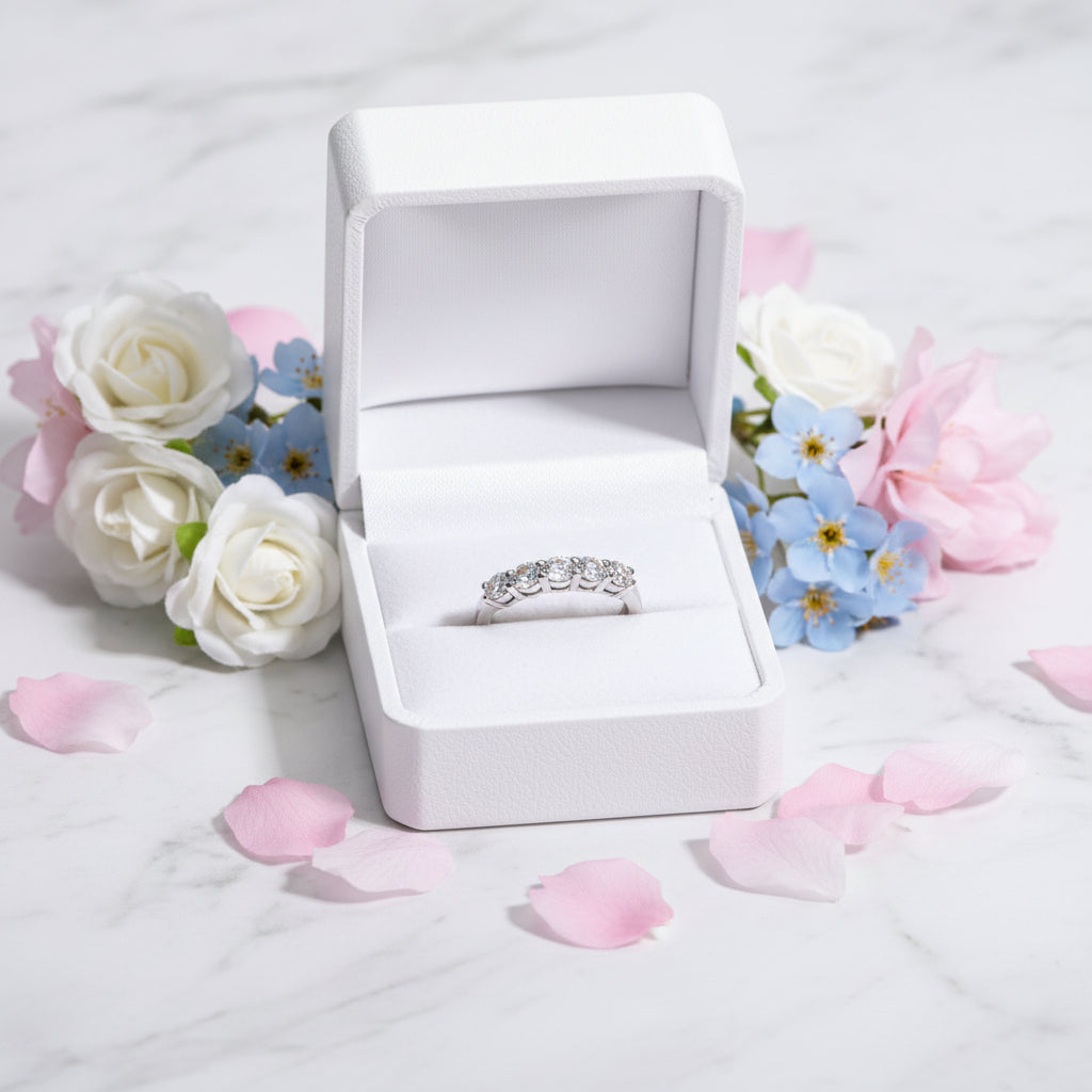 Eternity Five Row 1.5 Carat Moissanite Diamond Ring set in 18K White Gold Plated 925 Silver (GRA)