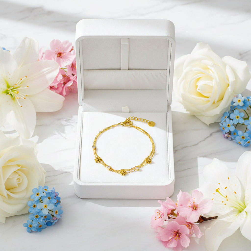 French Chic Design (3 mm) Natural Zircon and Flower Charms Bracelet set in 18K Gold Plating