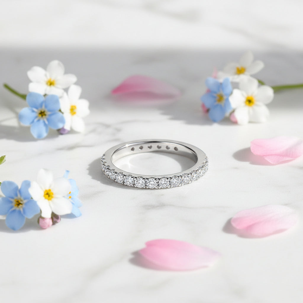 Italian 15 Stone Design 0.22 Carat Moissanite Diamond Ring set in Platinum Plated 925 Silver (GRA)