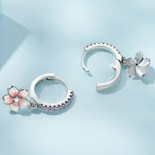 Japanese Design Sakura Cherry Blossom Natural Zircon Gemstone Earrings set in 925 Silver