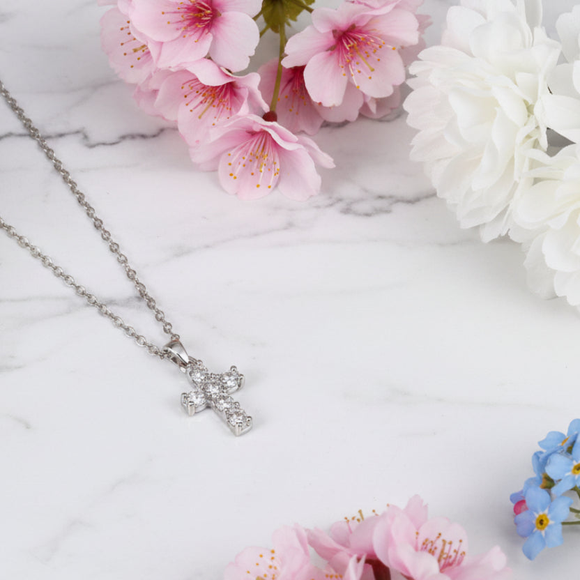 Holy Christian Cross Micro Moissanite Diamond Pendant set in Platinum Plated 925 Silver (GRA)