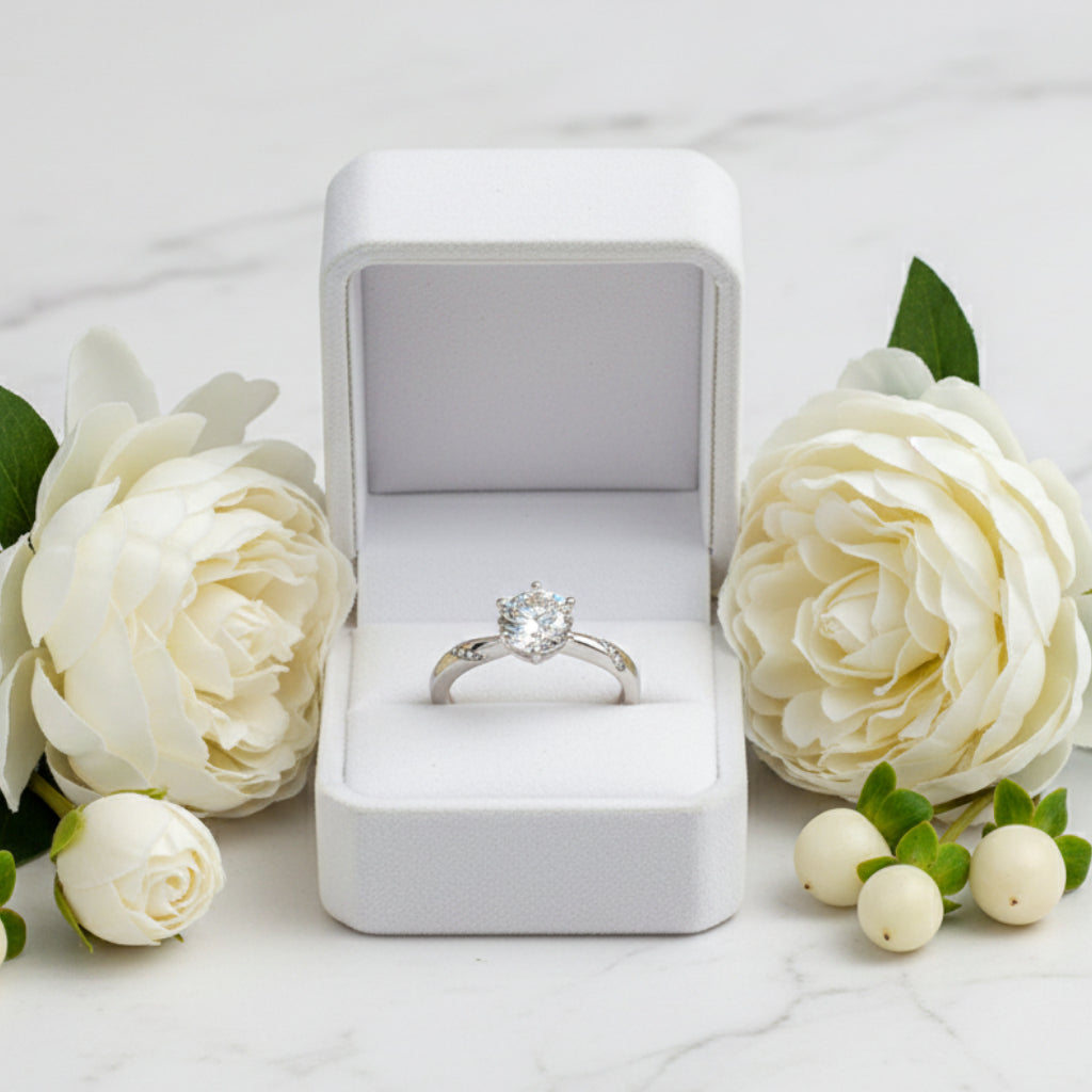 French Six-Claw Design 1.5 Carat Moissanite Diamond set in 18K White Gold Plated 925 Silver (GRA)