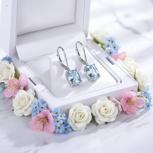 Lady Blue French Natural Topaz Gemstone Pendant Earrings set in 18K White Gold Plated 925 Silver Capella Reya pic 2 box image