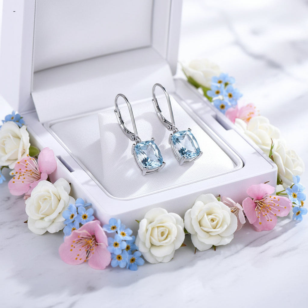 Lady Blue Natural Topaz Gemstone Pendant Earrings set in 18K White Gold Plated 925  Silver