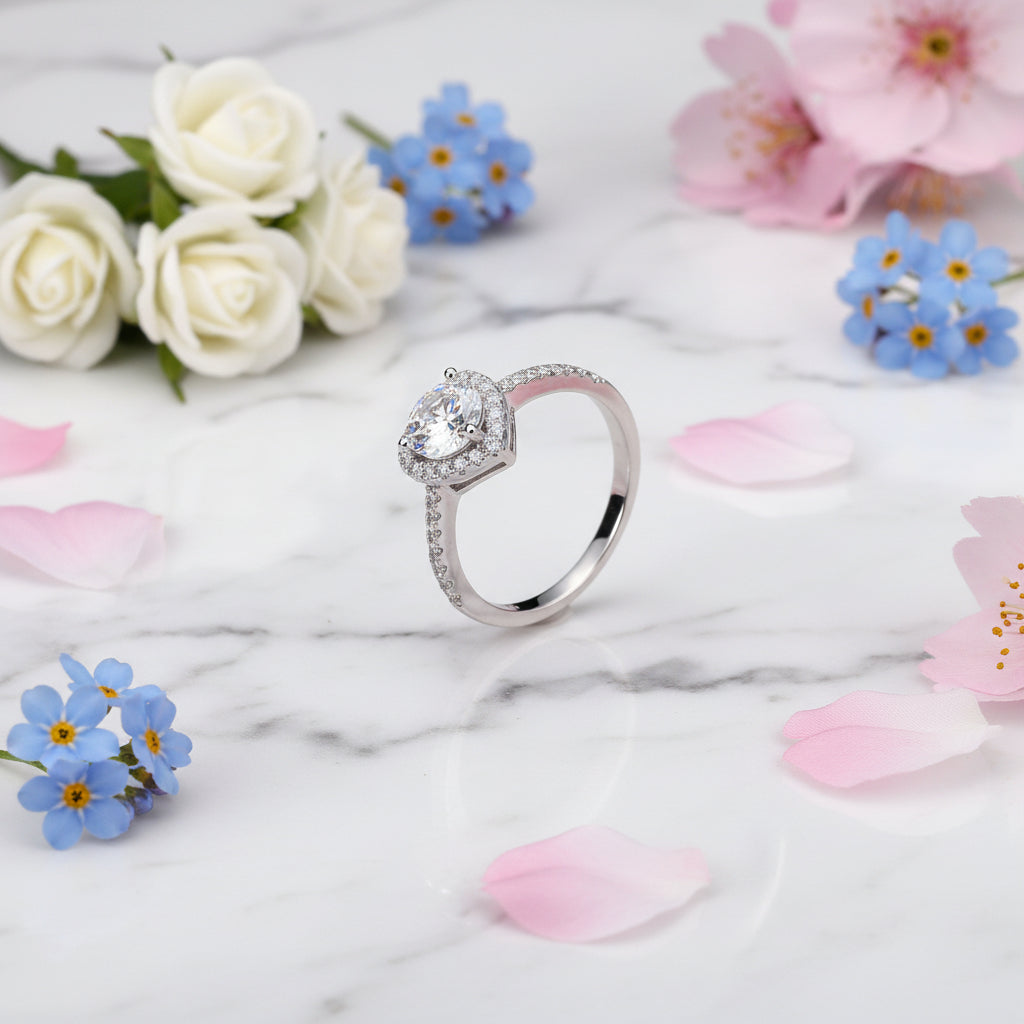 European Diamond Heart 1 Carat Moissanite Diamond Ring set in Platinum Plated 925 Silver (GRA)