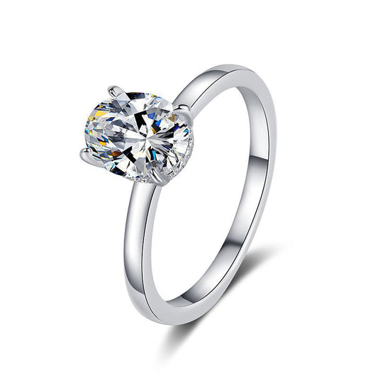 French Oval Cut Solitaire 2 Carat Moissanite Diamond Ring set in Platinum Plated 925 Silver (GRA)