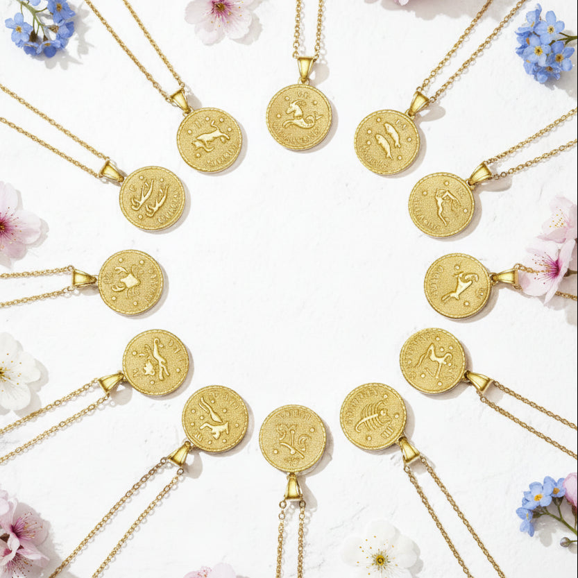 Italian Design Zodiac Sign Gold Roman Coin Pendent Necklace set in 18K Gold Plating
