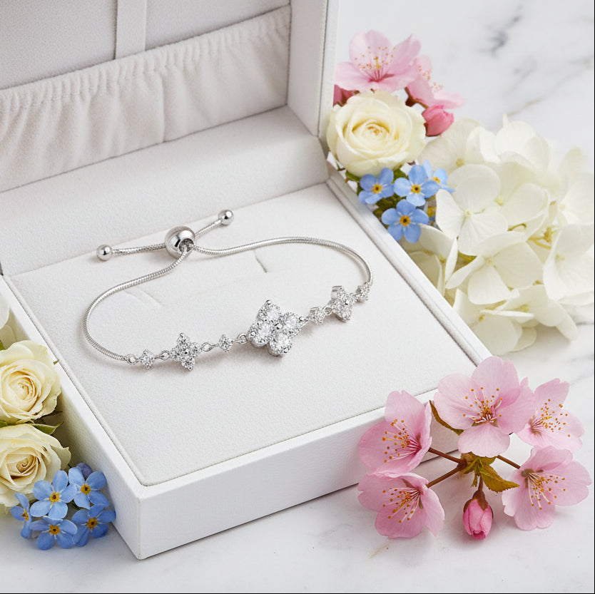 Fairy Tale Floral Design Natural Zircon Gemstone Bracelet in 18K White Gold Plated 925 Silver Capella Jewellery