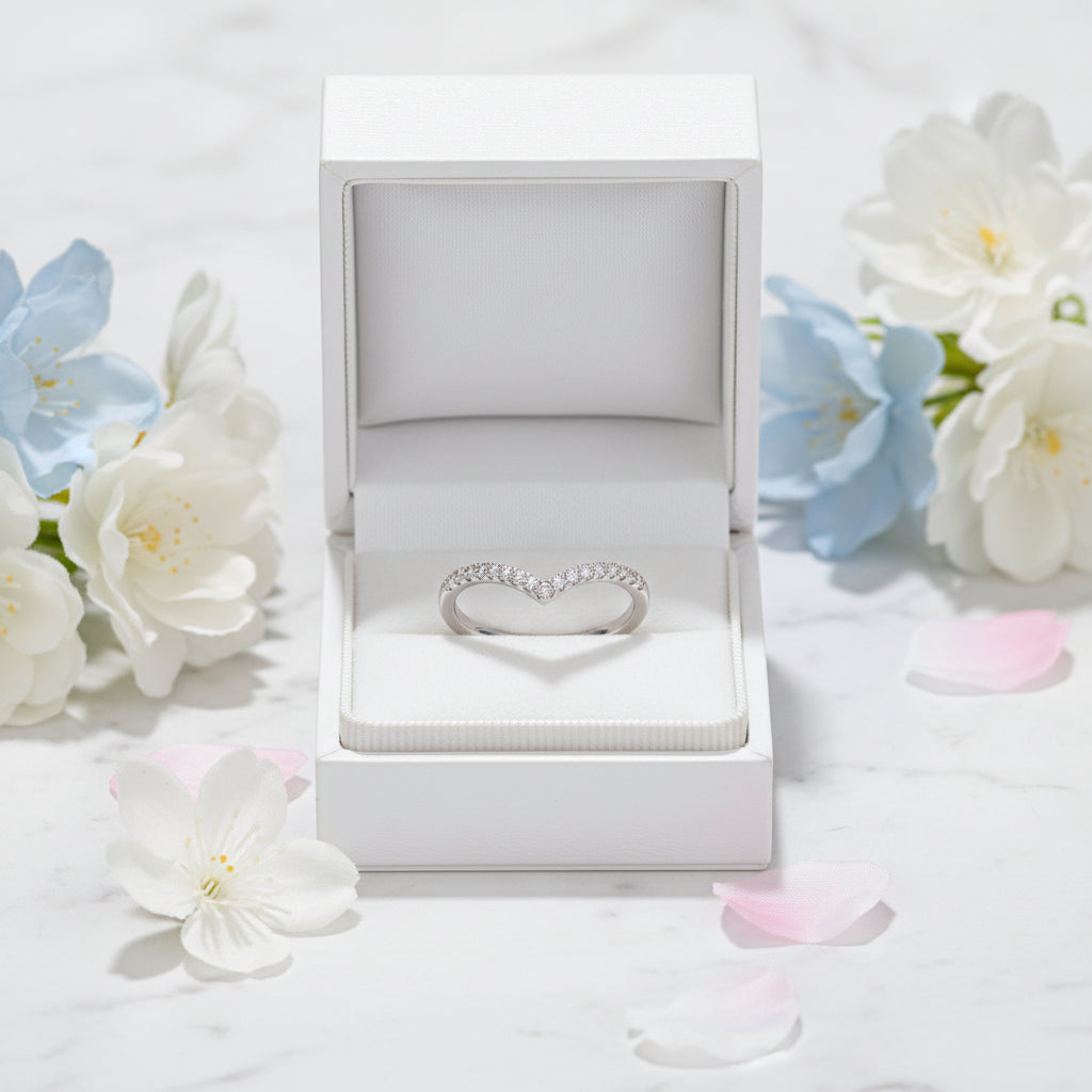 French V Row Pavé Micro Inlaid Moissanite Diamond Ring set in 18K White Gold Plated 925 Silver
