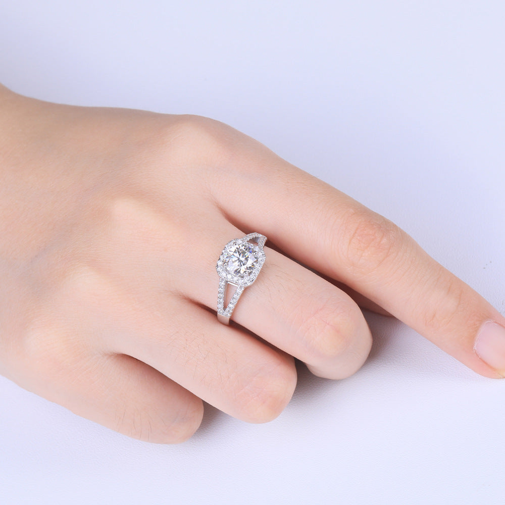 French Halo Pavé Design 1 Carat Moissanite Diamond Ring set in Platinum Plated 925 Silver (GRA)