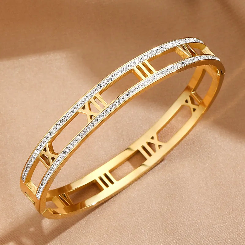 Italian Roman Numerals Micro-Inlay Natural Zircon Gemstone Bracelet set in 18K Gold Plating Capella Jewellery