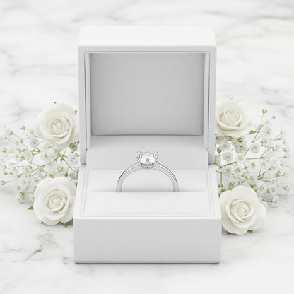European Four-Claw Solitaire 1 Carat Moissanite Ring set in Platinum Plated 925 Silver (GRA) Capella Jewellery