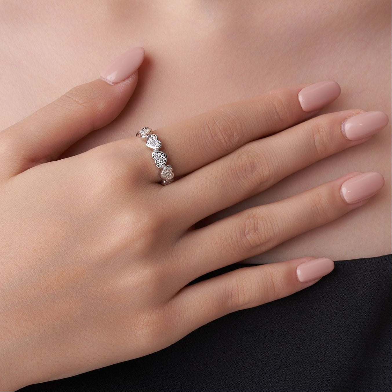 European Pavé Hearts Micro 90 Moissanite Diamond Ring 18K White Gold Plated 925 Silver (GRA)