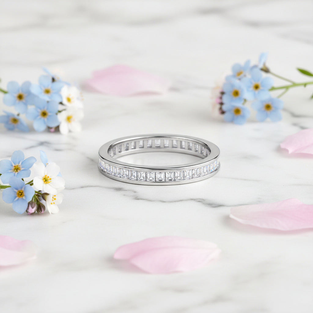 Italian Rome Eternity Pavé Natural Zircon Gemstone Ring set in 18K White Gold Plated 925 Silver