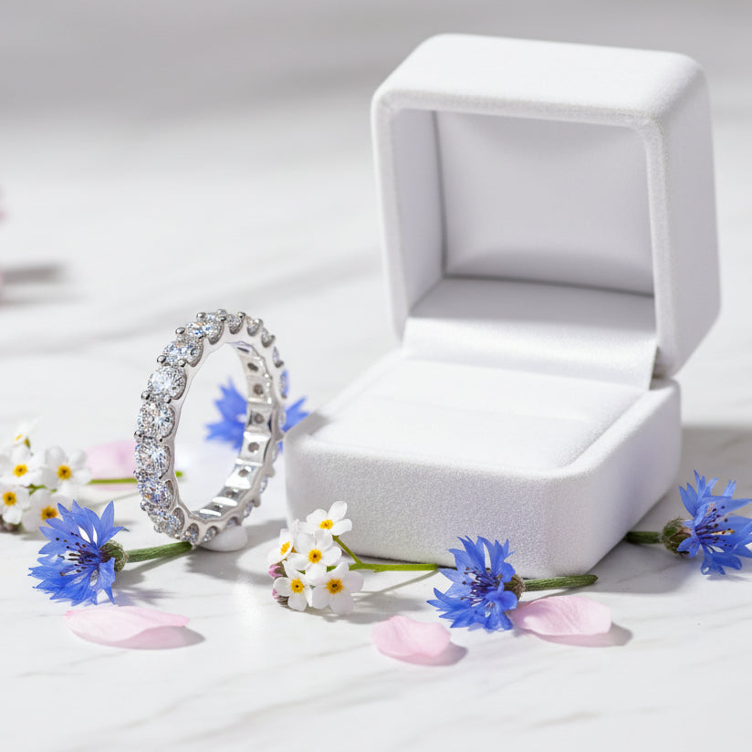 French Full Eternity 2.2 Carat Moissanite Ring set in 18K White Gold Plated 925 Silver (GRA) Capella Jewellery