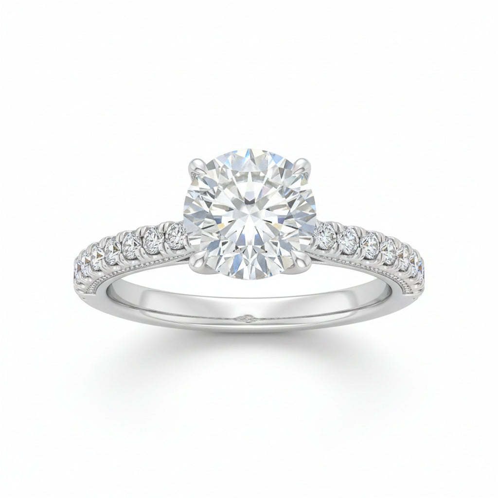 European Solitaire Pavé Inlay Sides 2 Carat Moissanite Ring set in 18K White Gold Plated 925 Silver (GRA) Capella Jewellery