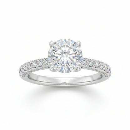 European Solitaire Pavé Inlay Sides 2 Carat Moissanite Ring set in 18K White Gold Plated 925 Silver (GRA) Capella Jewellery