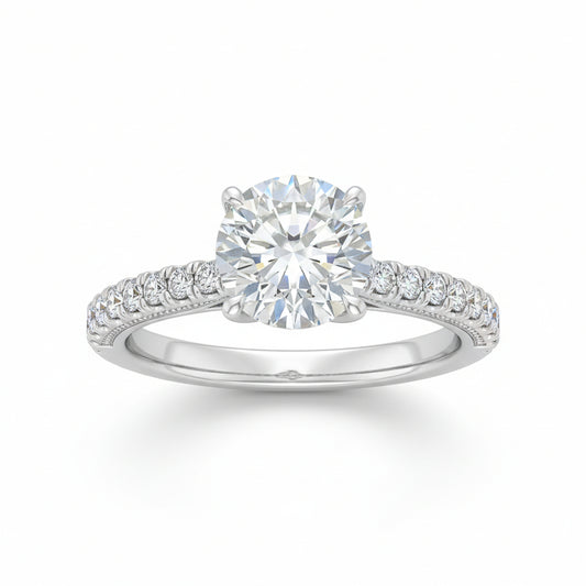 European Solitaire Pavé Inlay Sides 2 Carat Moissanite Diamond Ring set in 18K White Gold Plated 925 Silver (GRA)