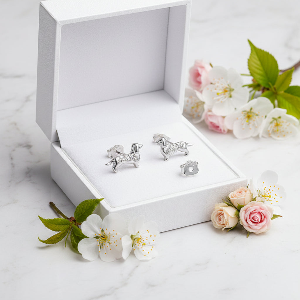 French Mini Sausage Dog Design Micro Inlaid Natural Zircon Gemstone Earrings set in 925 Silver