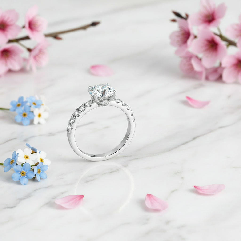 French Pavé Side Design 0.8 Carat Moissanite Diamond Ring set in 18K White Gold 925 Silver (GRA)